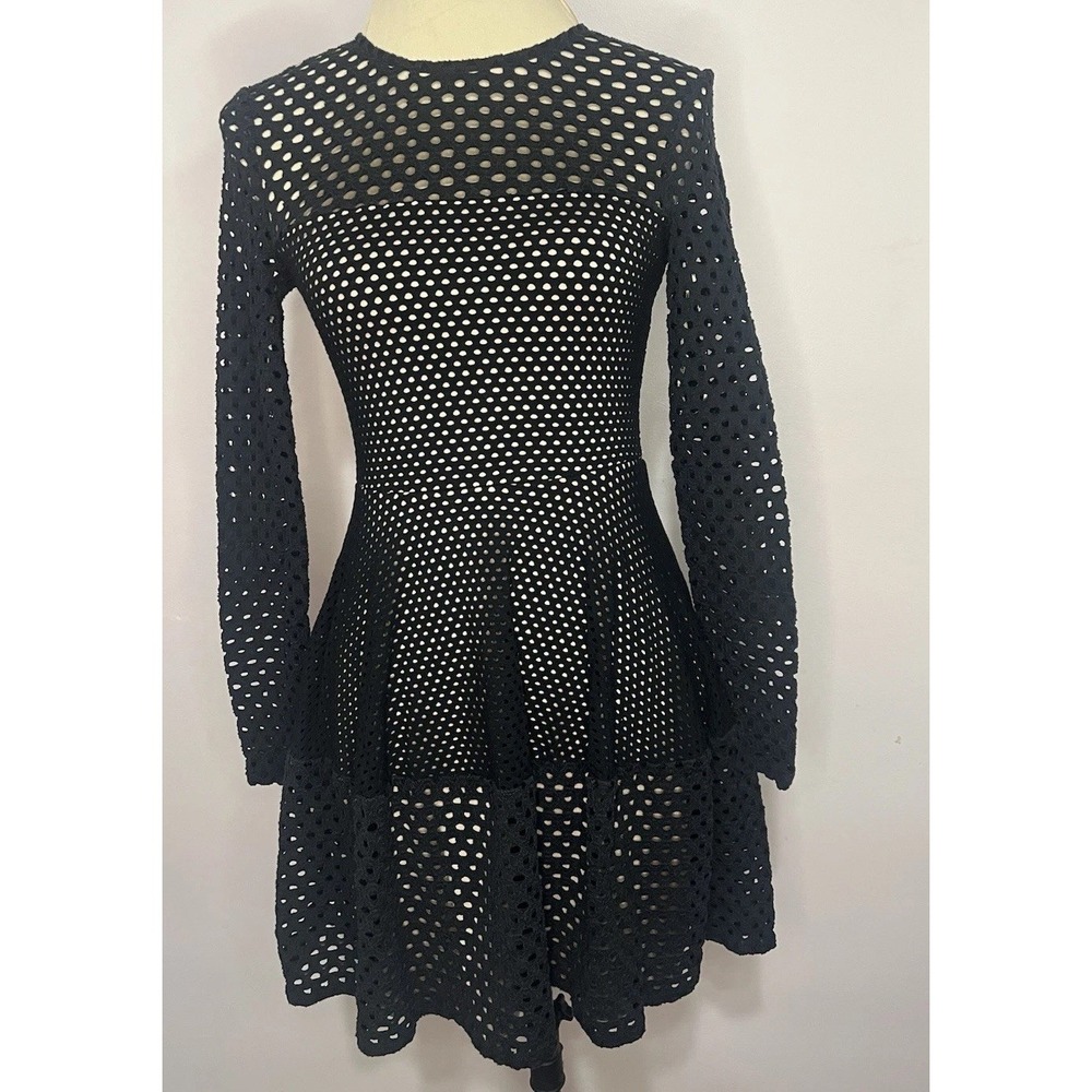 BCBG MAXAZRIA Black Mesh Eyelet Long Sleeve Fit Flare Dress XS Gothic Cocktail - Picture 2 of 14